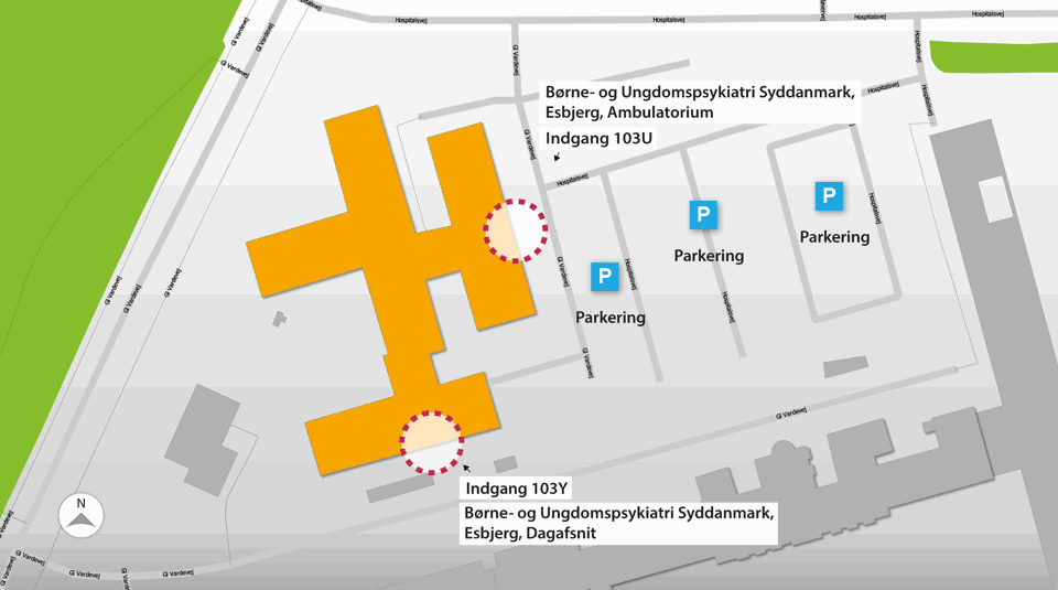 Oversigtskort til Børne- og Ungdomspsykiatri Syddanmark i Esbjerg