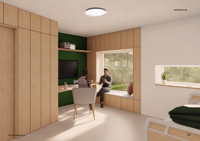 Tegning af patientstue i Voksenpsykiatrien på det nye OUH