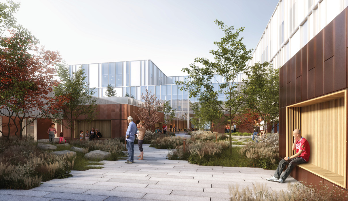 Tegning af gårdhave i Voksenpsykiatrien på det nye OUH