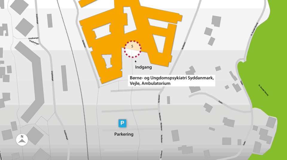 Oversigtskort til Børne- og Ungdomspsykiatri Syddanmark i Vejle