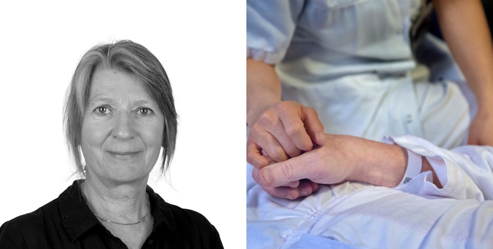 Billede af Jette Ammentorp og en sygeplejerske, der holder en sengeliggende patient i hånden. 